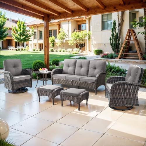 patio furniture set, outdoor sofa set, wicker patio furniture, outdoor lounge set, garden furniture, product demo, lifestyle, calm, trustworthy, neutral, brown